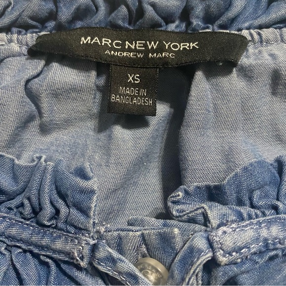 Marc New York Blue Chambray Ruffle Neck 3/4 Sleeve Button Up Oversized Top - Picture 5 of 6
